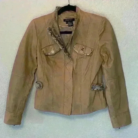 Etcetera Jackets & Blazers - Etcetera tan leather snakeskin jacket sz 2 preppy moto 90s fall winter *flaw